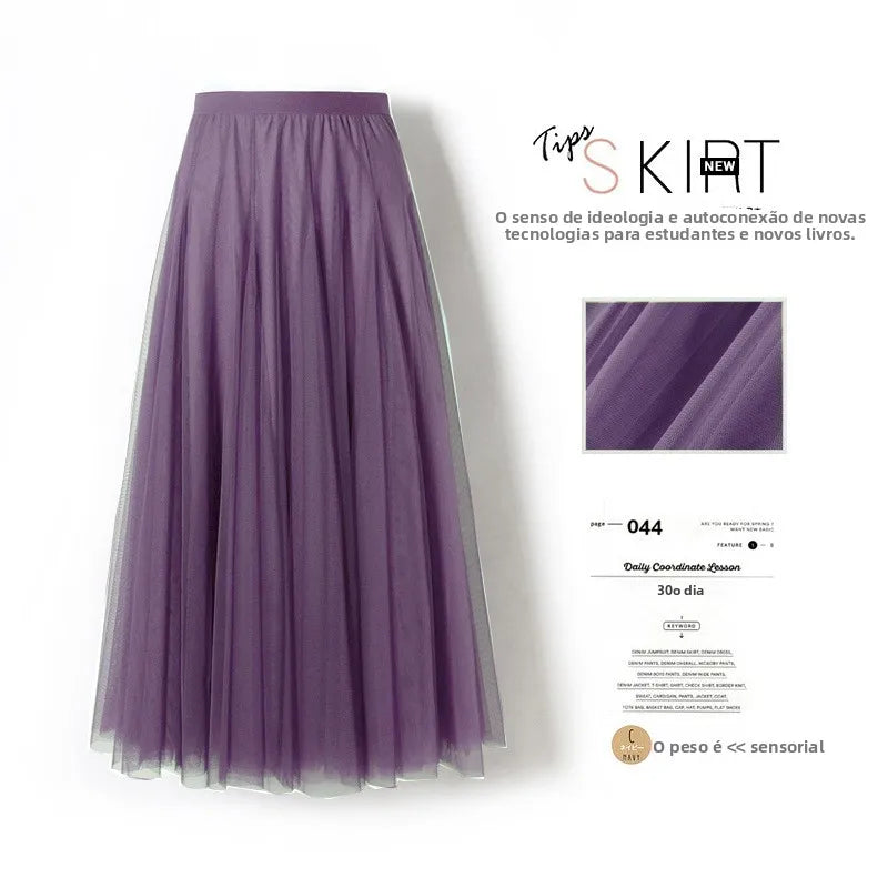 Saia Midi A-Line de Cintura Alta para Mulheres – Saia Rodada em Tule, Casual e Versátil
