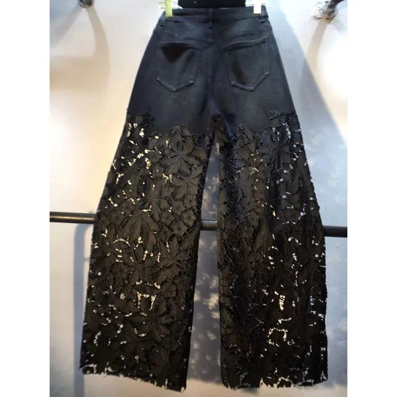 Calças Femininas de Verão 2025 – Jeans Patchwork com Bordado, Strass e Renda, Cintura Alta