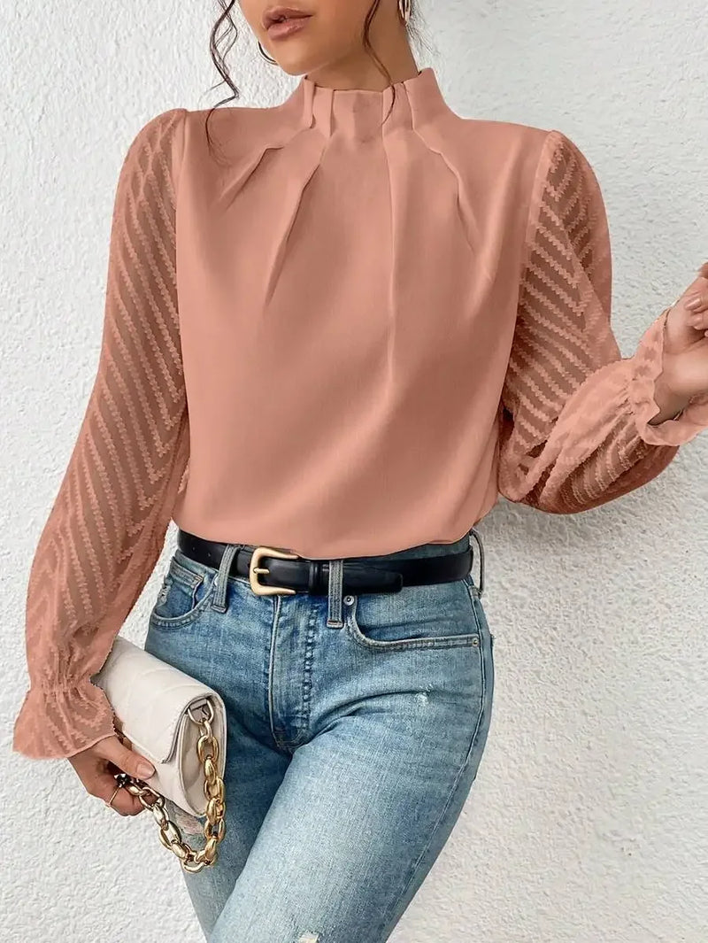 Autumn Elegant Ladies Office Shirt Tops Fashion Lace Long Sleeve T-Shirts Chiffon Shirts Casual Slim Mock Neck Blouse For Womens