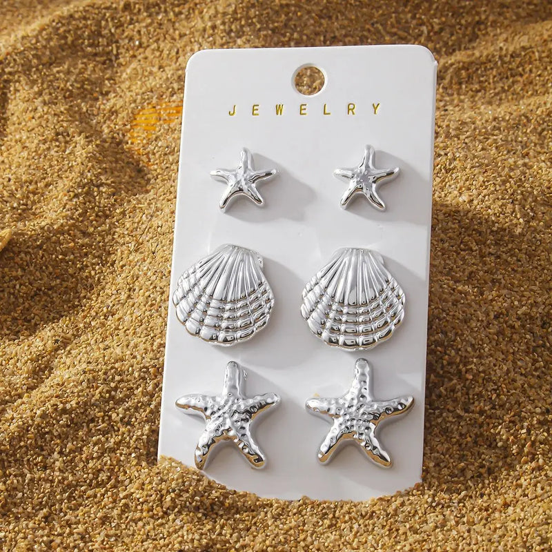 Conjunto de 6 Brincos Stud Estrela-do-Mar e Concha – Moda Verão, Jóias de Praia para Mulheres