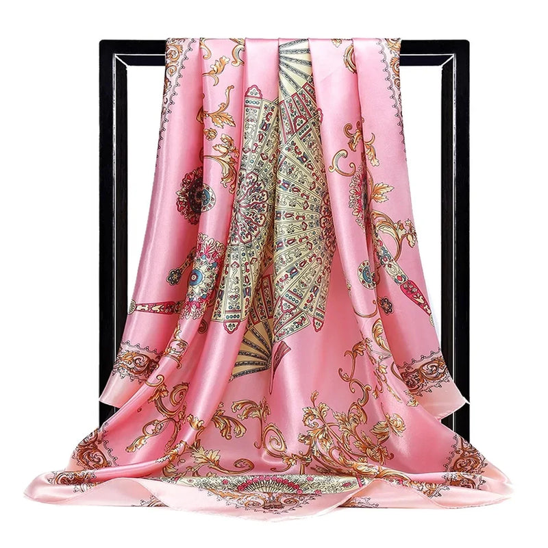 Lenço Quadrado Feminino 90x90cm – Cetim Toque de Seda, Estampado Fashion, Echarpe/Scarf/ Bandana de Luxo