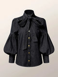 Blusa Feminina Outono Denim Imitation com Laço e Manga Bufante