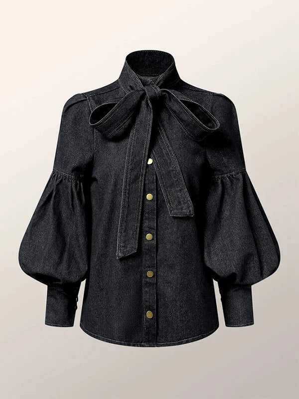 Blusa Feminina Outono Denim Imitation com Laço e Manga Bufante