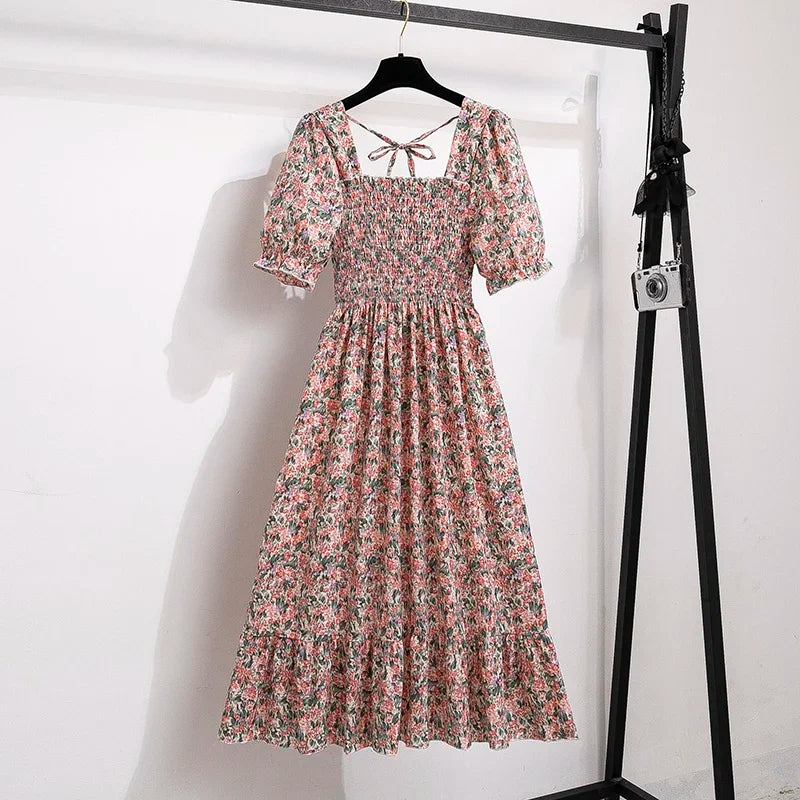 Vestido Feminino Primavera/Verão Chiffon Manga Curta Cintura Elástica A-Line Casual