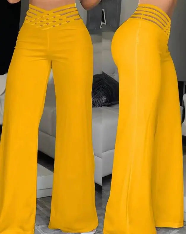 Calça Feminina Elegante Primavera/Outono – Cintura Alta, Pernas Largas, Solta e Longa, Casual e Office, Cor Sólida