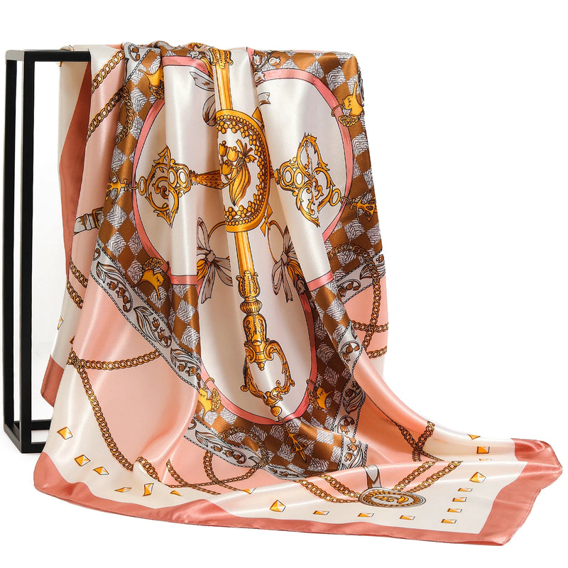 Lenço Quadrado Feminino 90x90cm – Cetim Toque de Seda, Estampado Fashion, Echarpe/Scarf/ Bandana de Luxo