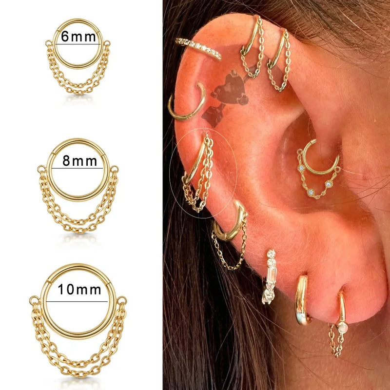 Brincos Femininos de Aço Titânio – Argola com Pingente e Tassel em Zircônia para Cartilagem