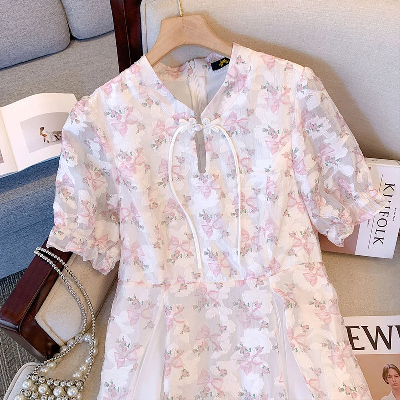 Vestido Casual Feminino Plus Size de Verão Rosa – Estilo Chinês, Solto, Midi, Linha Média, 2025, Cheongsam, Grande.