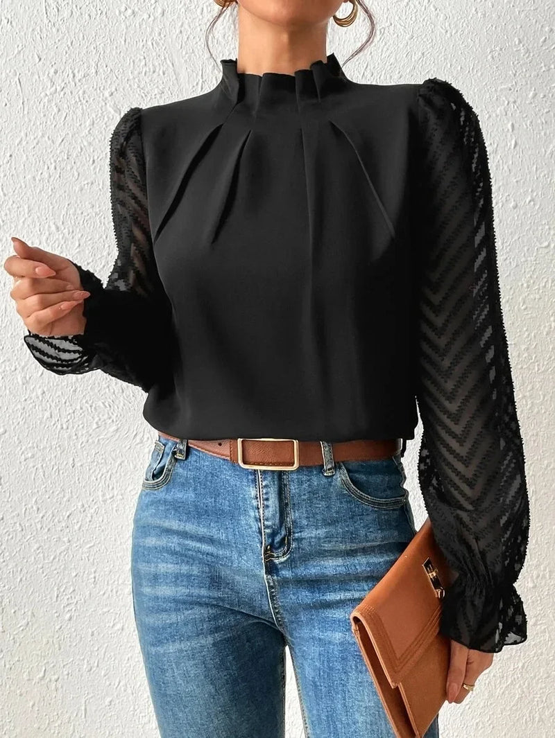 Autumn Elegant Ladies Office Shirt Tops Fashion Lace Long Sleeve T-Shirts Chiffon Shirts Casual Slim Mock Neck Blouse For Womens
