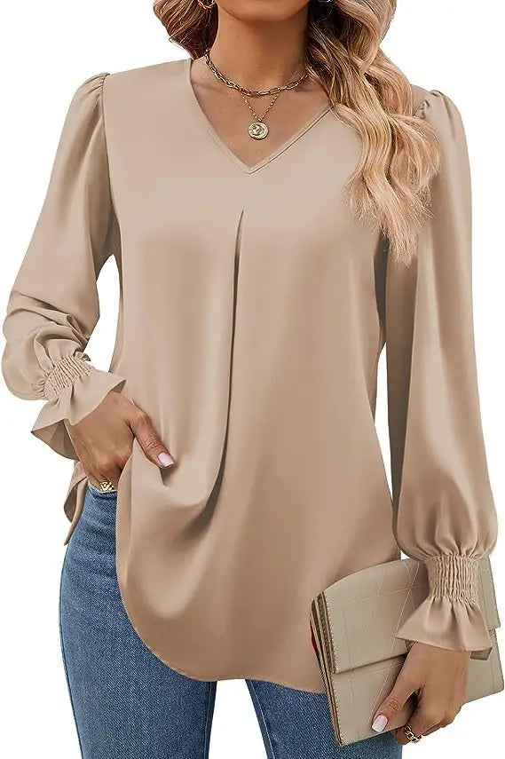 Blusa Feminina de Chiffon – Manga Longa Flare – Decote V – Office Lady Elegante