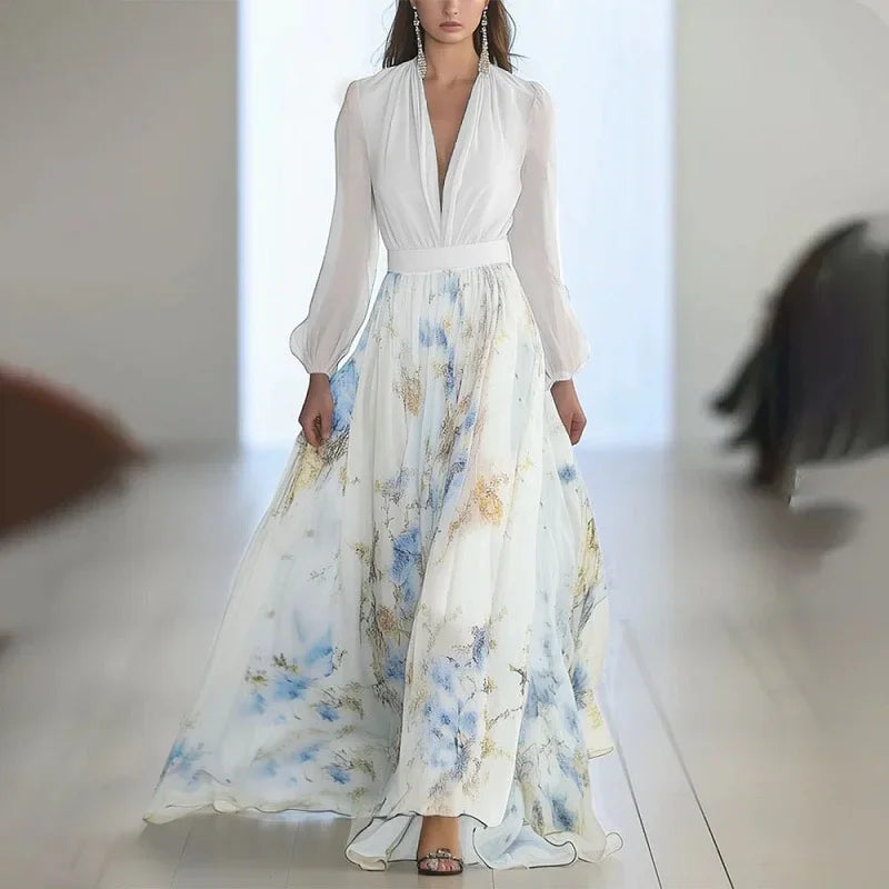 Vestido Feminino Boho – Estampa Floral, Patchwork, Decote Profundo, Manga Bufante