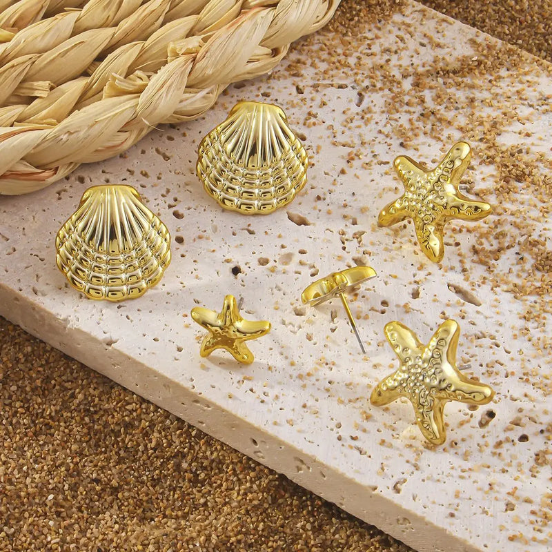 Conjunto de 6 Brincos Stud Estrela-do-Mar e Concha – Moda Verão, Jóias de Praia para Mulheres