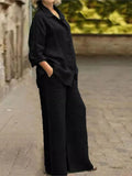 Conjunto Feminino de Algodão e Linho – Blusa de Manga Longa e Calça Pantalona Conjunto elegante e confortável para primavera e outono, composto por blusa de manga longa e calça de perna larga em algodão e linho