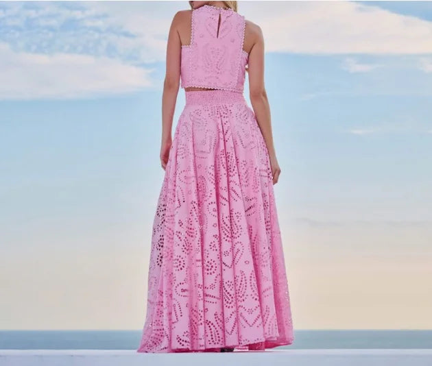 Conjunto Feminino de Verão 2 Peças – Regata Bordada e Saia Longa de Renda