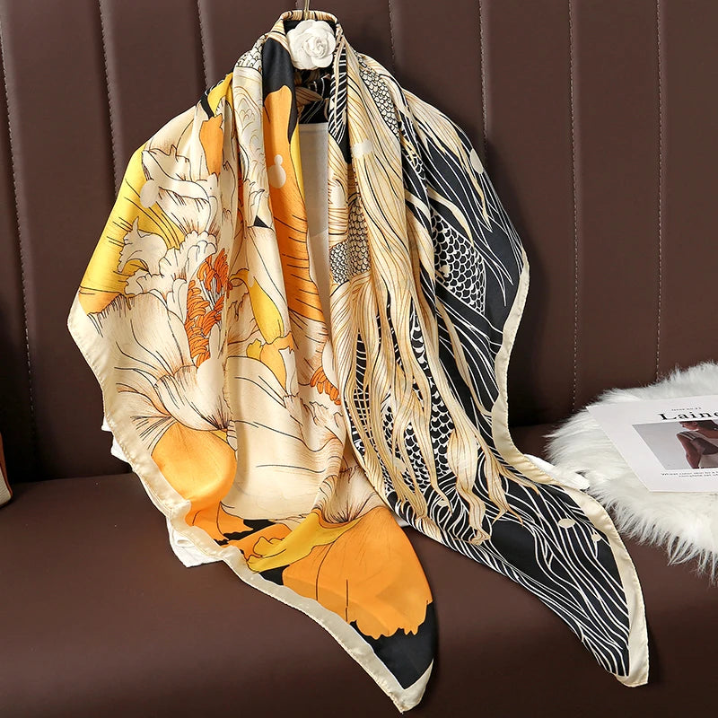 Lenço Grande de Seda 110cm – Echarpe Feminina Estampada, Hijab, Bandana, Foulard e Acessório de Praia