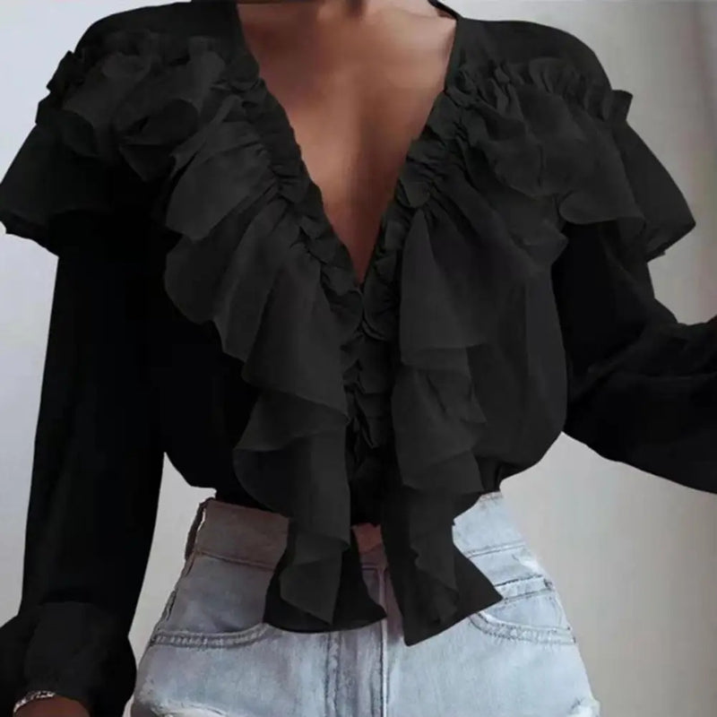 Blusa Feminina 2024 – Gola com Babados Estilo Francês, Manga Longa