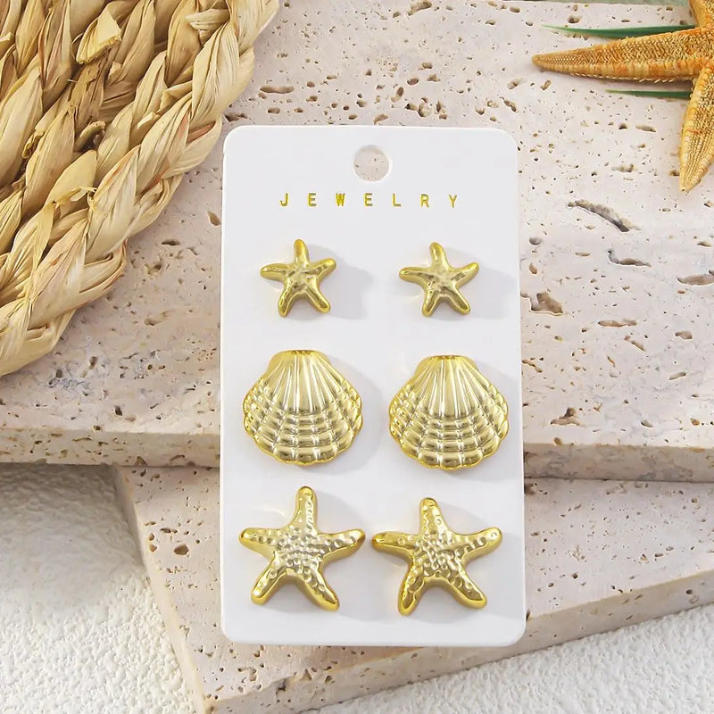 Conjunto de 6 Brincos Stud Estrela-do-Mar e Concha – Moda Verão, Jóias de Praia para Mulheres