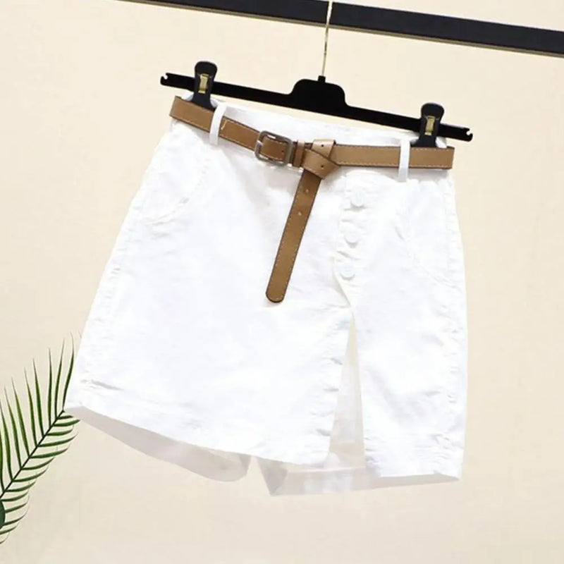 Shorts Feminino Falso Dois Peças – Cintura Alta, Botões Decorativos e Fenda Lateral