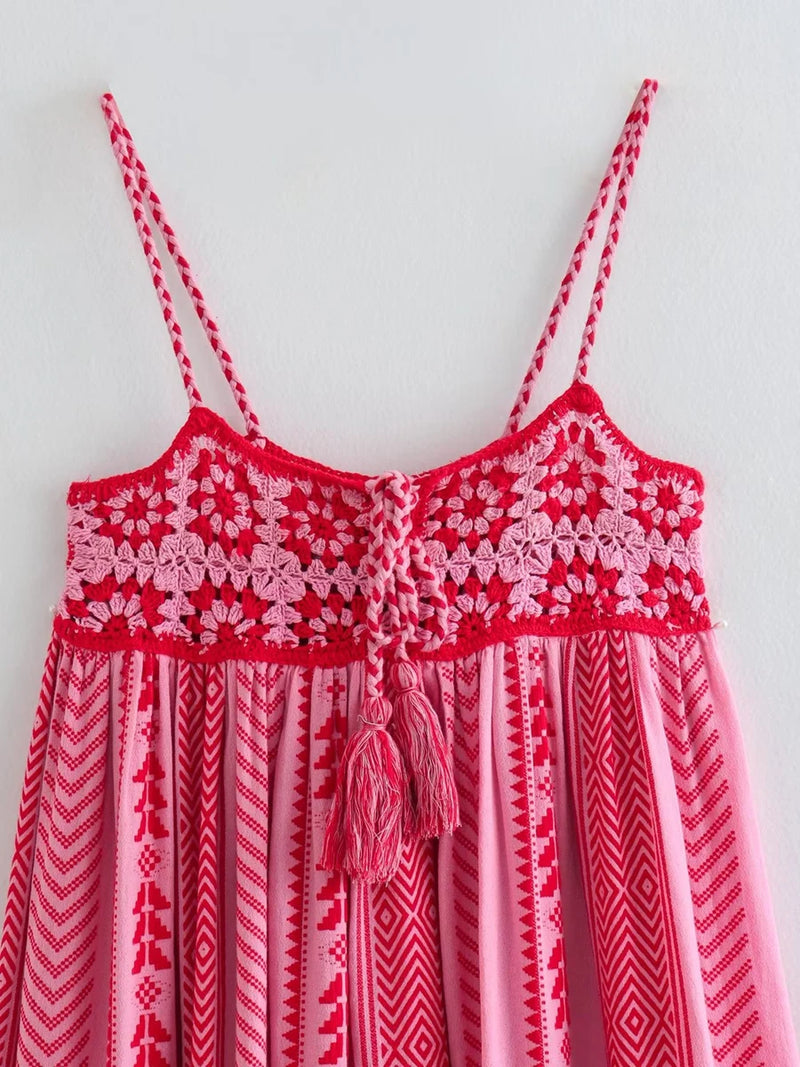 Vestido Feminino de Verão – Regata, Boho, Estampas Geométricas com Crochê e Tassels