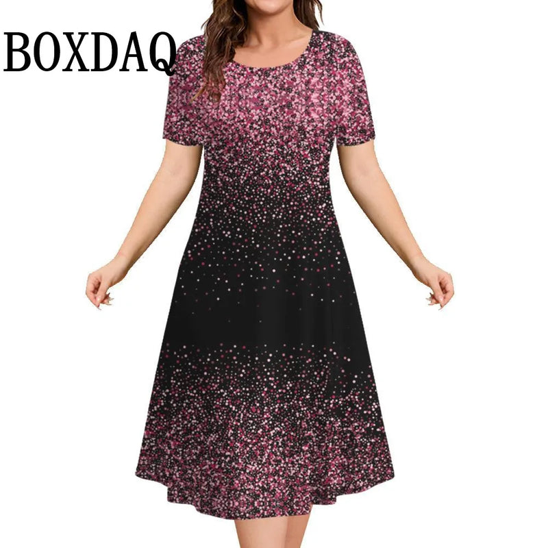 Vestido feminino solto, estilo A-line, com estampa 3D tie-dye em degradê. Possui decote O-neck e mangas curtas, oferecendo conforto e leveza para o verão. Ideal para passeios, festas ou looks casuais, disponível em tamanho plus size até 9XL.