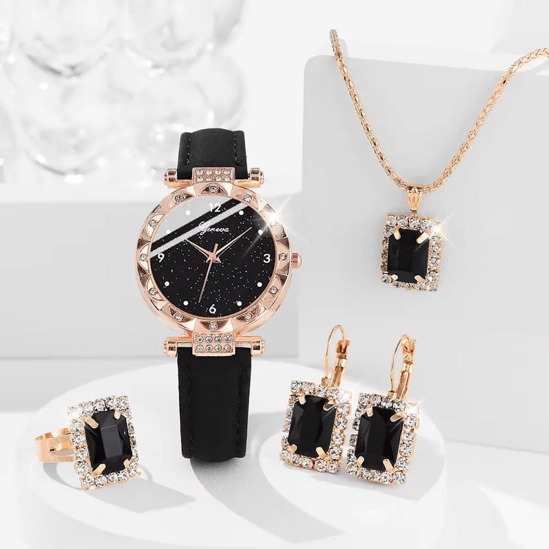 Conjunto de 5 peças femininos sofisticados, com design elegante e detalhes em strass brilhantes. Movimento quartz confiável, ideais para complementar looks do dia a dia ou ocasiões especiais