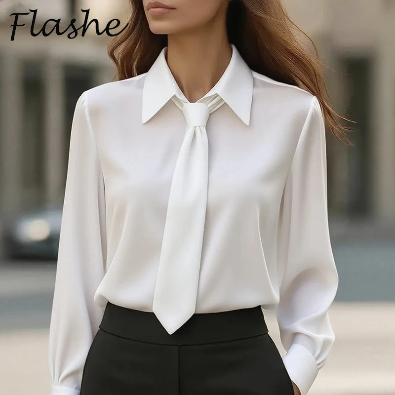 Blusa Feminina Elegante 2025 – Manga Longa com Laço, Moda Escritório