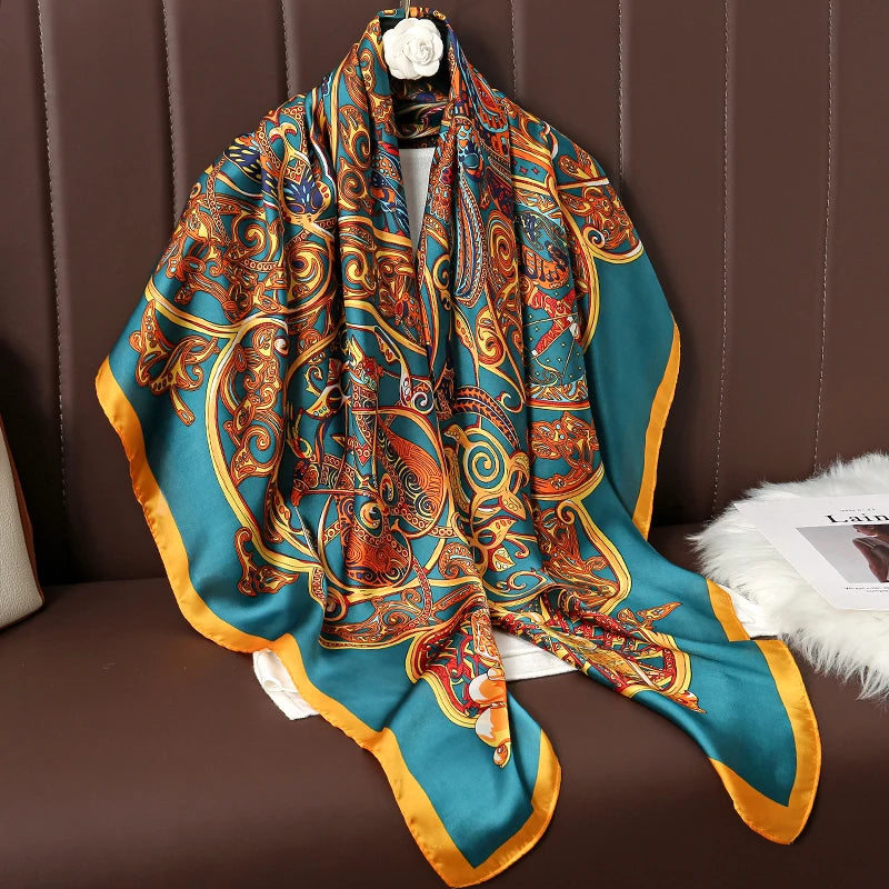 Lenço Grande de Seda 110cm – Echarpe Feminina Estampada, Hijab, Bandana, Foulard e Acessório de Praia