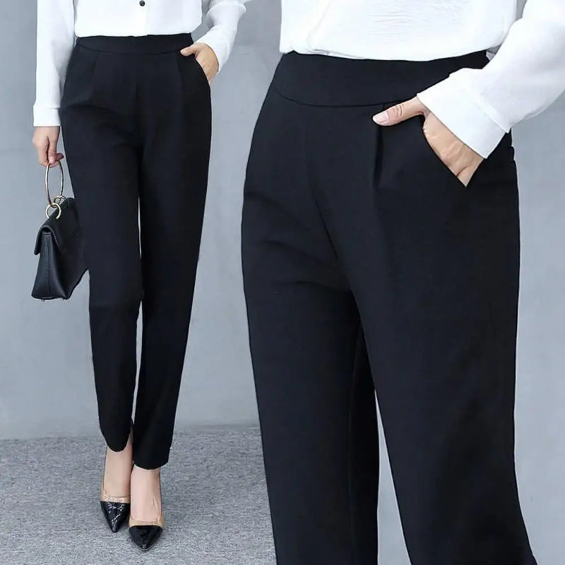 Calça Lápis Feminina Casual – Cintura Alta, 9/10 Comprimento, Cor Lisa