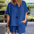 Conjunto Feminino Casual de Verão 2024 – 2 Peças: Blusa de Manga Curta + Shorts de Perna Larga, Camisa e Shorts em Algodão e Linho
