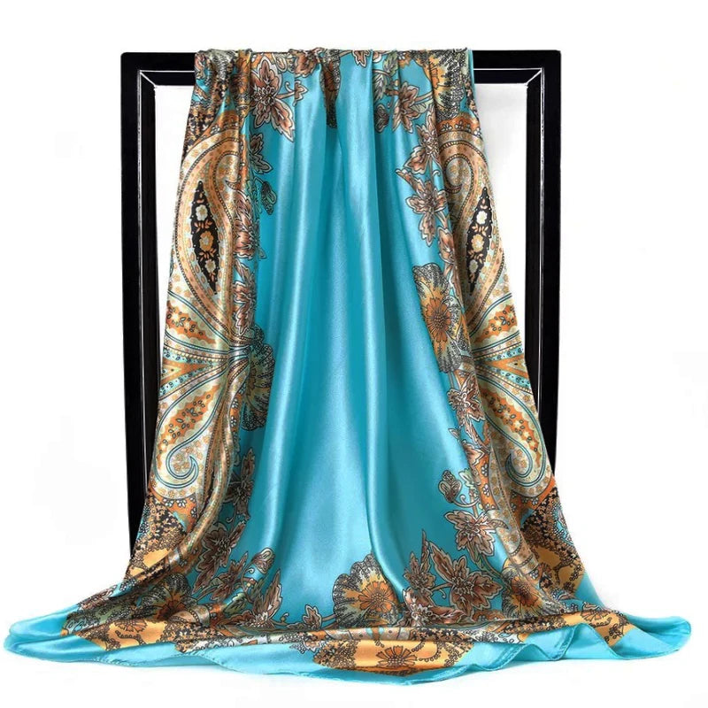 Lenço Quadrado Feminino 90x90cm – Cetim Toque de Seda, Estampado Fashion, Echarpe/Scarf/ Bandana de Luxo