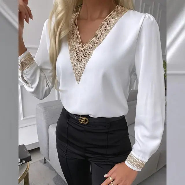 Camisa Feminina Elegante em Renda – Decote V, Manga Longa e Estilo Casual de Outono  Design elegante com decote em V, perfeito para looks sofisticados  Detalhes em renda, adicionando charme e delicadeza  Manga longa, ideal para conforto e estilo casual