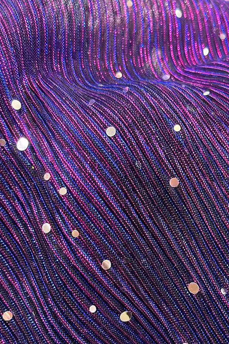 Vestido maxi feminino elegante com decote profundo em V, mangas com babados e cintura império. Confeccionado em tecido de tule roxo com paetês brilhantes, perfeito para festas