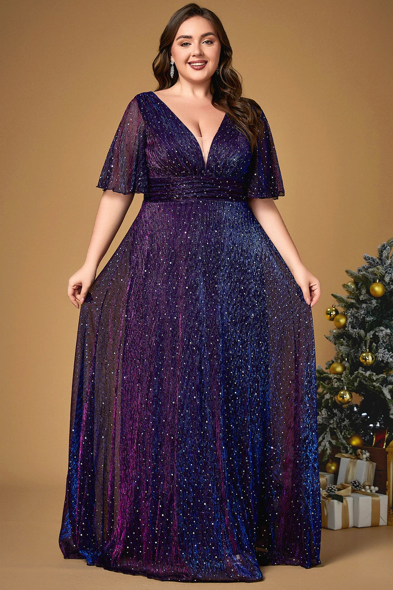 Vestido maxi feminino elegante com decote profundo em V, mangas com babados e cintura império. Confeccionado em tecido de tule roxo com paetês brilhantes, perfeito para festas