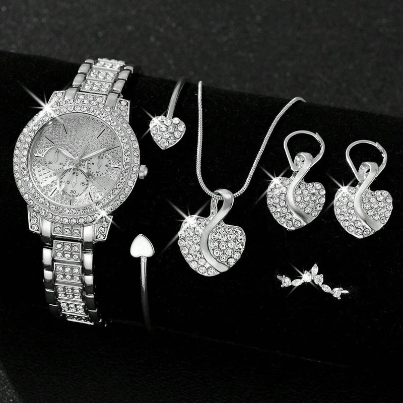 Conjunto feminino elegante, incluindo relógio de pulso, anel, colar e brincos, todos com detalhes em strass. Relógio com movimento quartz confiável e design fashion dourado, ideal para complementar looks casuais ou ocasiões especiais