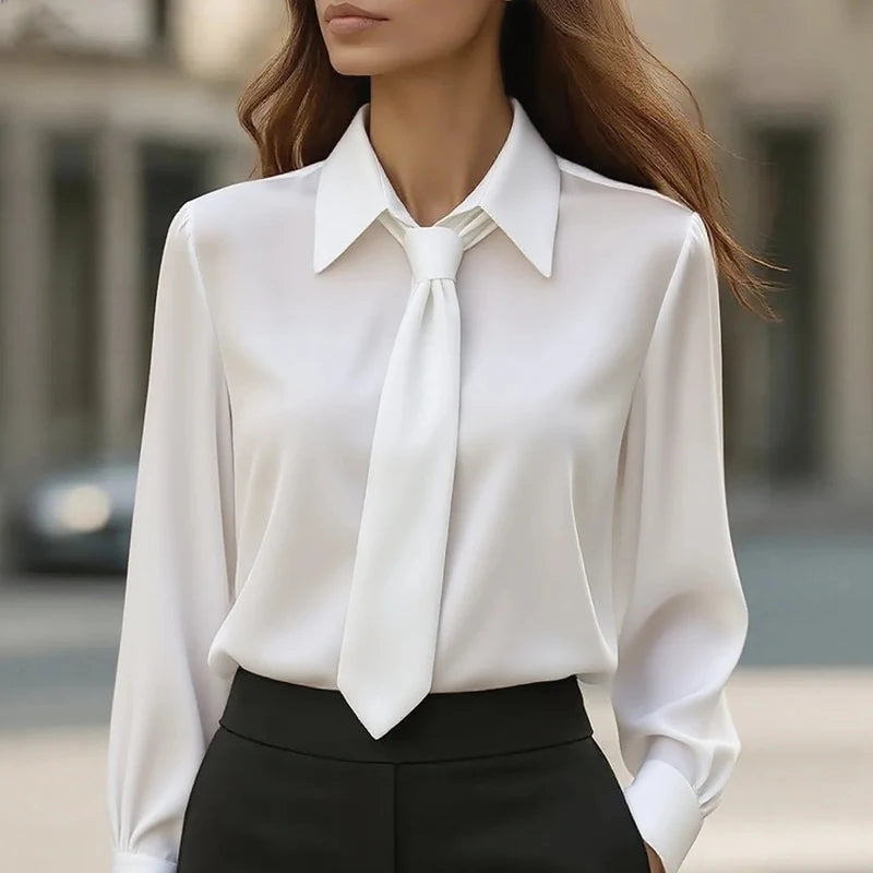 Blusa Feminina Elegante 2025 – Manga Longa com Laço, Moda Escritório