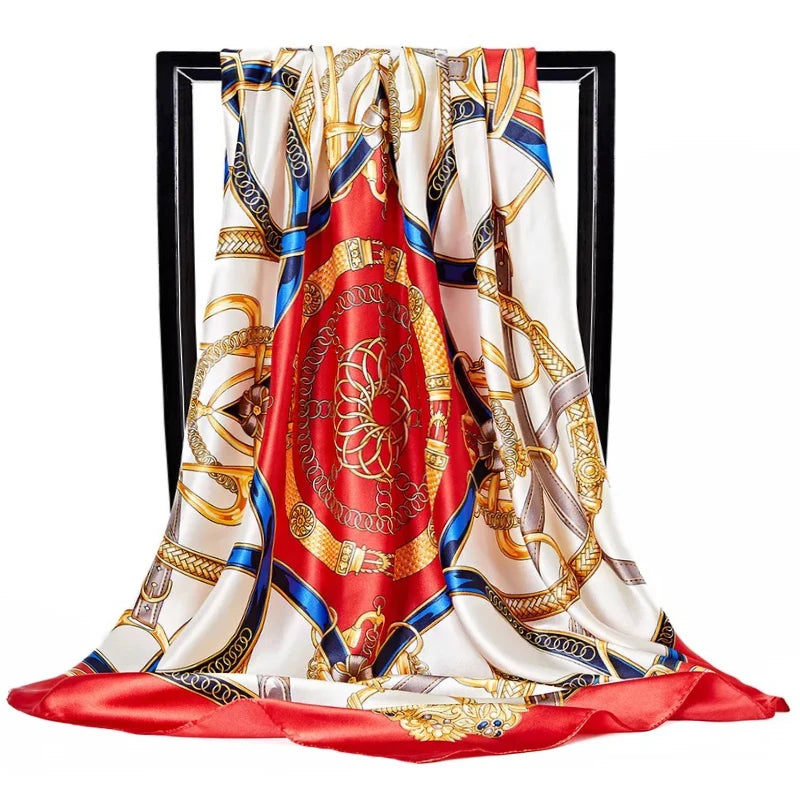 Lenço Quadrado Feminino 90x90cm – Cetim Toque de Seda, Estampado Fashion, Echarpe/Scarf/ Bandana de Luxo