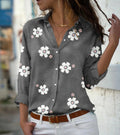 Camisa feminina leve e confortável para primavera e verão, com estampa floral, gola lapela e mangas longas. Modelo slim fit com botões frontais, ideal para looks casuais elegantes, trabalho ou passeios diários.