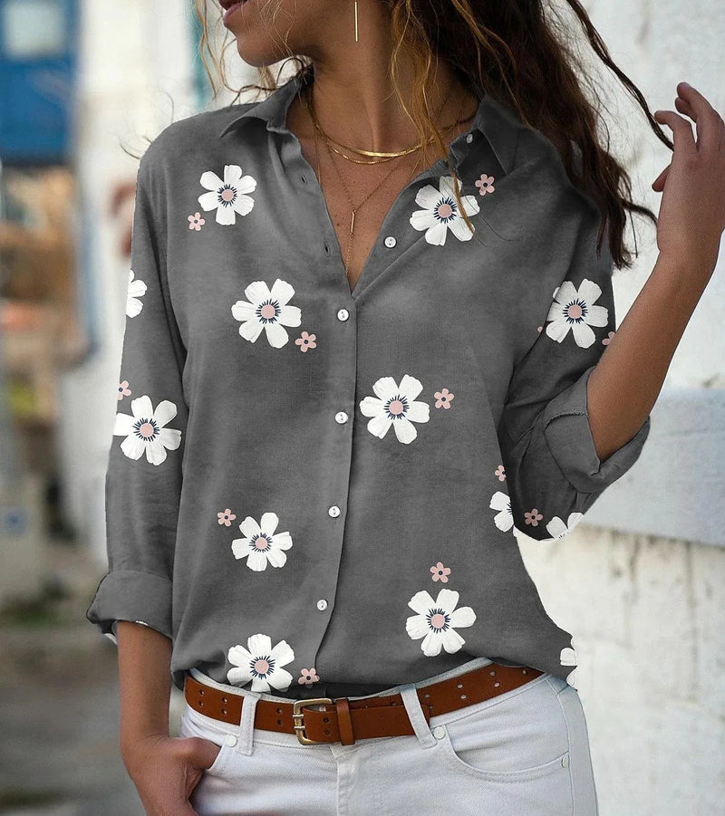 Camisa feminina leve e confortável para primavera e verão, com estampa floral, gola lapela e mangas longas. Modelo slim fit com botões frontais, ideal para looks casuais elegantes, trabalho ou passeios diários.