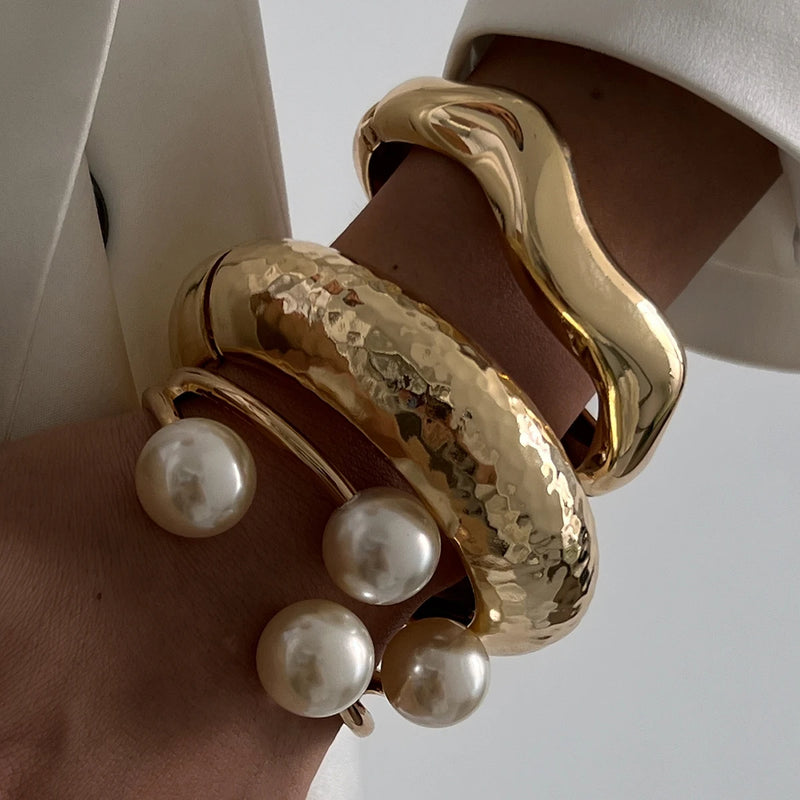 Pulseira Cuff Feminina com Pérola Falsa – Punk, Metal Pesado, Chunky, Bangle Steampunk 2025