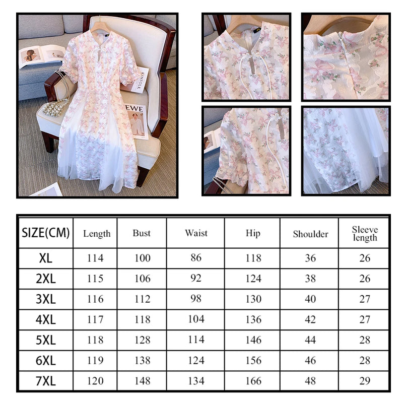 Vestido Casual Feminino Plus Size de Verão Rosa – Estilo Chinês, Solto, Midi, Linha Média, 2025, Cheongsam, Grande.