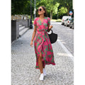 Vestido Feminino de Verão – Estampado, Decote em V, Cinto, Manga Curta, Saia Midi com Fenda e Renda
