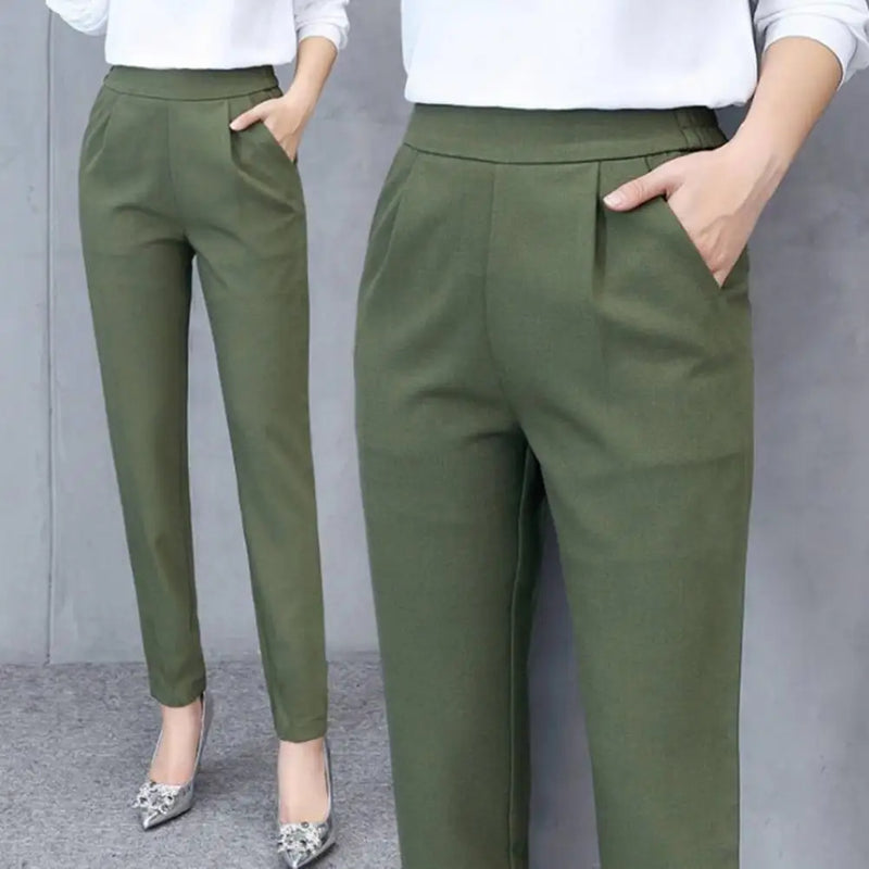 Calça Lápis Feminina Casual – Cintura Alta, 9/10 Comprimento, Cor Lisa