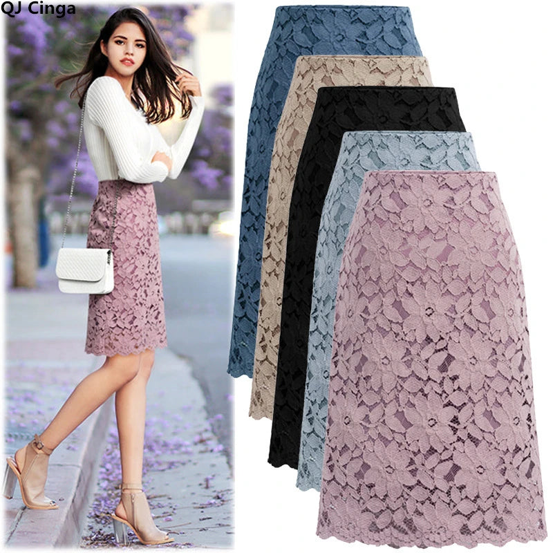 Saia Lápis Feminina de Verão – Renda Elegante, Cintura Alta, Office e Casual