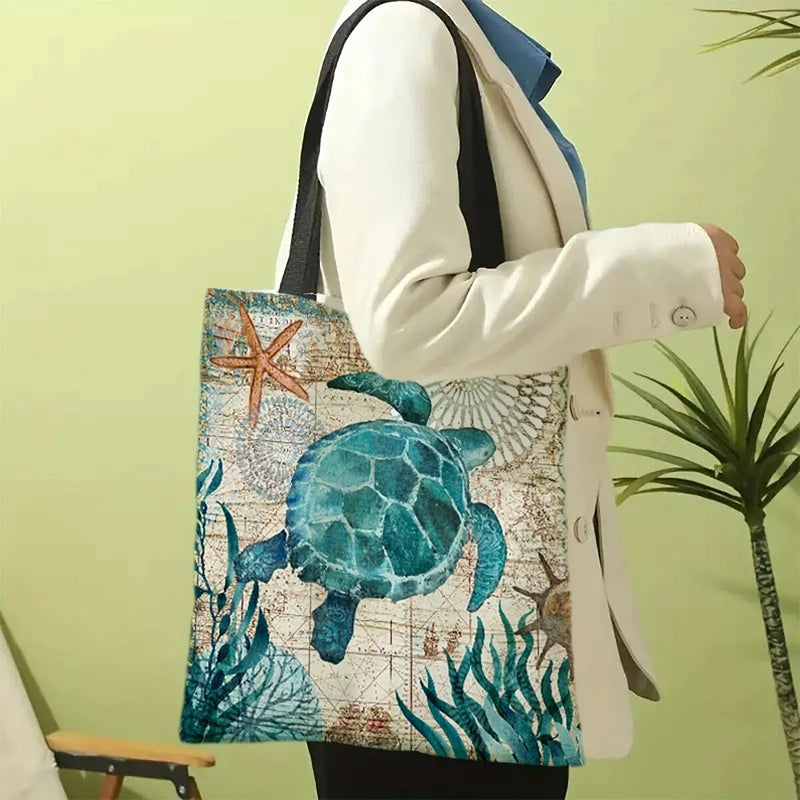 Bolsa Tote de Grande Capacidade – Estampa Tartaruga, Bolsa de Ombro para Viagem, Ecológica, em Linho, com Estampa para Mulheres
