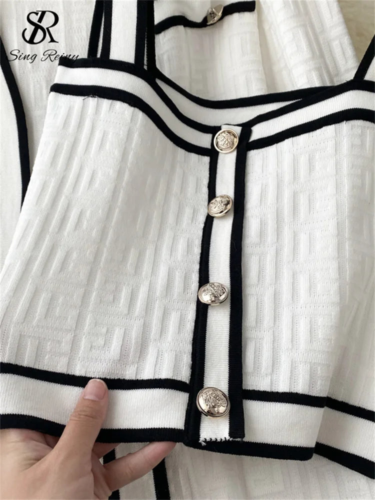 Conjunto Casual Feminino SINGREINY – 3 Peças de Outono: Cardigan de Manga Longa + Blusa de Alça Fina de Botão Único + Shorts de Cintura Alta e Elástico
