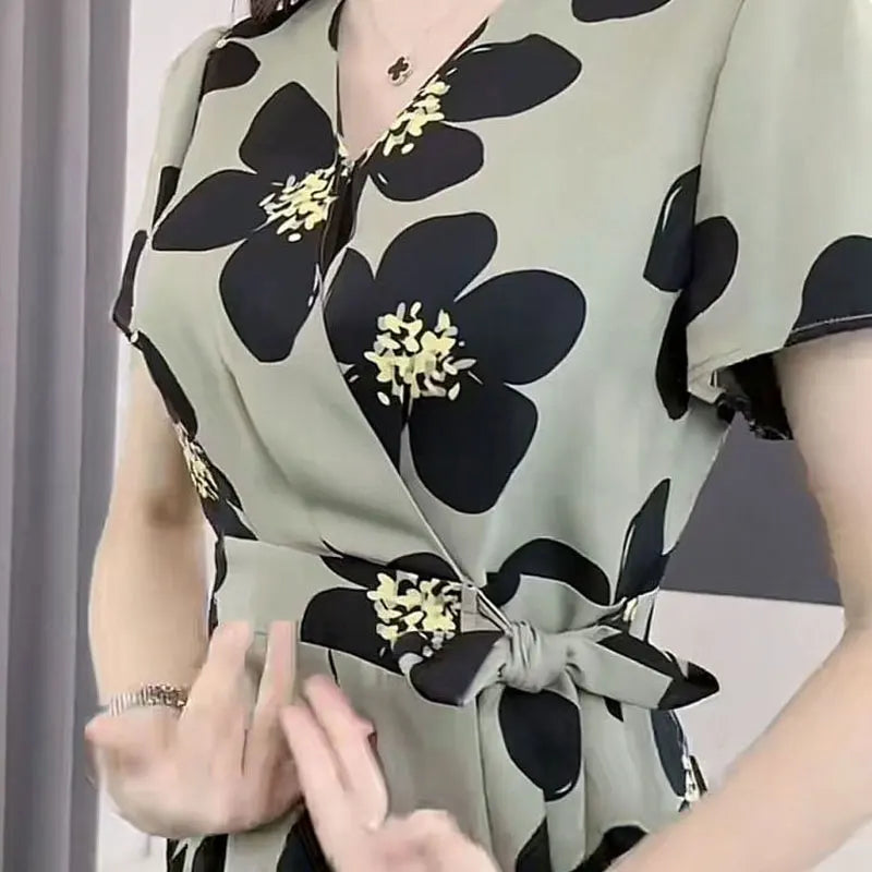 Vestido Feminino – Estampa Floral Fashion, Casual, Decote em V, Pregas na Cintura, Elegante, A-Line, Tipo Bandagem, Verão, Manga Curta, Comprimento Midi.