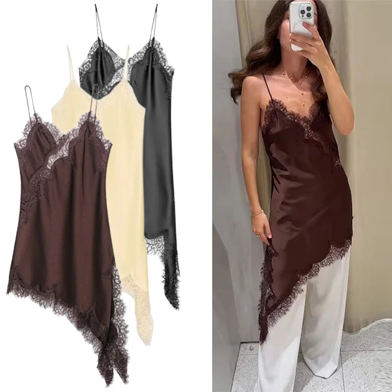 Vestido TRÁF Satin Sexy com Detalhes em Renda – Mulheres