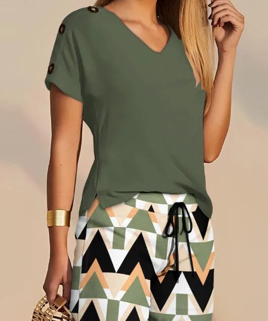 Conjunto Feminino 2 Peças 2025 – Top Assimétrico + Shorts Estampados