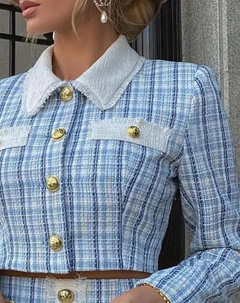 Conjunto Feminino Elegante – Casaco Tweed e Saia Midi Slim Fit