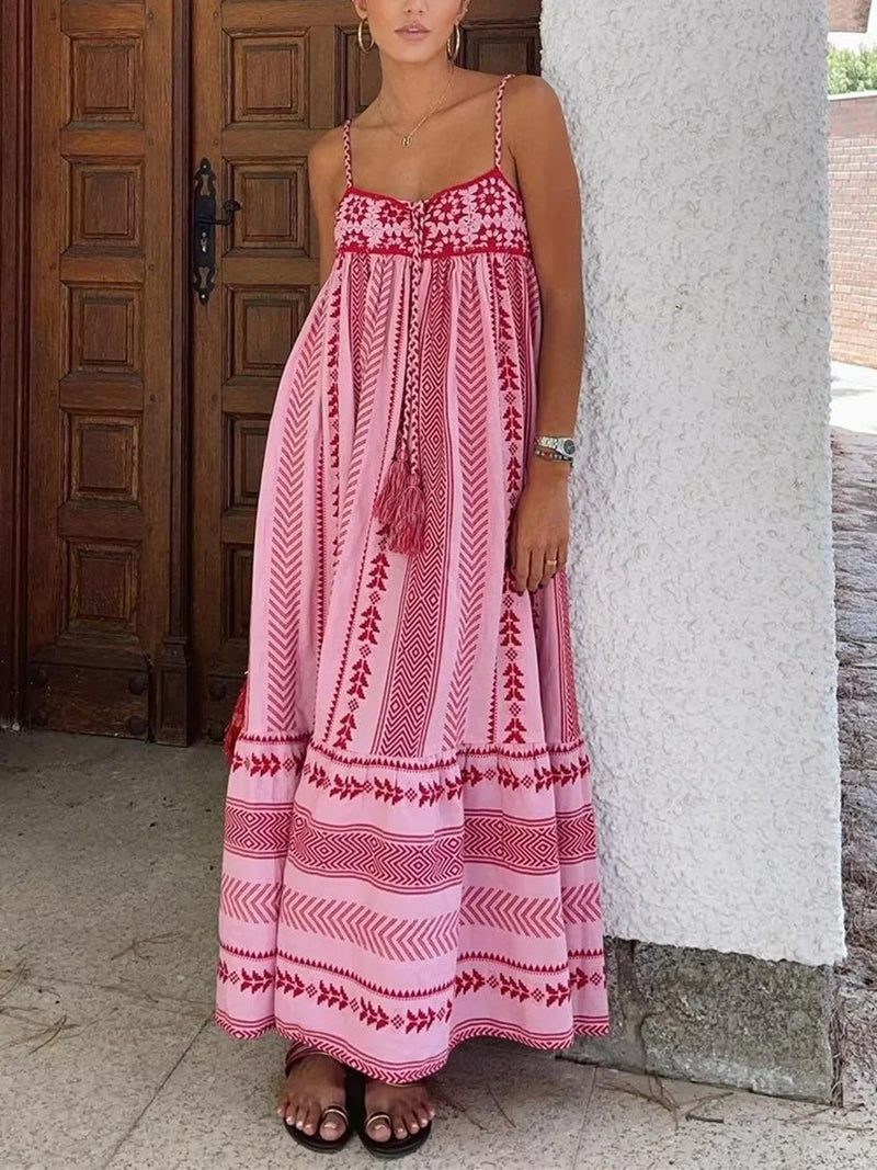 Vestido Feminino de Verão – Regata, Boho, Estampas Geométricas com Crochê e Tassels